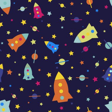 bir füze ile çocuk çizgi film seamless modeli, uzay aracı arka plan vektör çizim mavi.