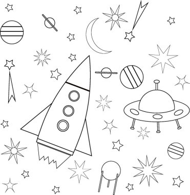 Boyama kitabı alan roket vektör çizim