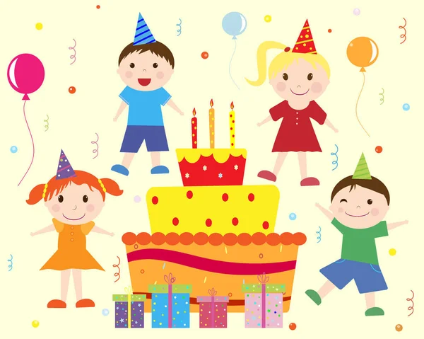 Tarta de cumpleaños para niños y regalos. Grupo de niños vestidos con sombreros navideños, globos, cajas con regalos e ilustración vectorial de pasteles festivos — Vector de stock