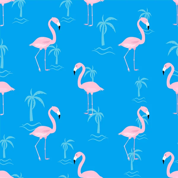 Flamingos rosa bonito com palmeiras imprimir padrão sem costura ilustração vetorial — Vetor de Stock