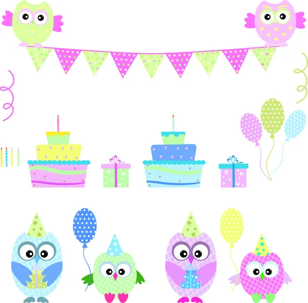 Cute owl set birthday vector — Stock Vector