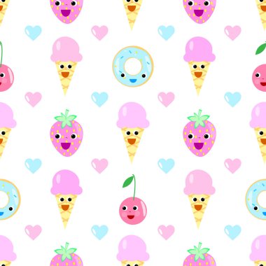 Dondurma meyve seamless modeli, kalp, çizgi film, çörek, kek, gözler, çilek, kiraz, kek