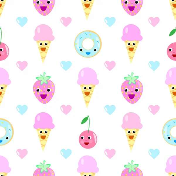 Glass frukt sömlösa mönster, hjärtat, tecknad, donut, tårta, ögon, jordgubb, körsbär, tårta — Stock vektor