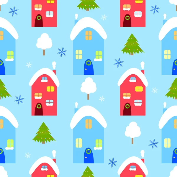 Maison d'hiver modèle vectoriel sans couture, bonhomme de neige — Image vectorielle