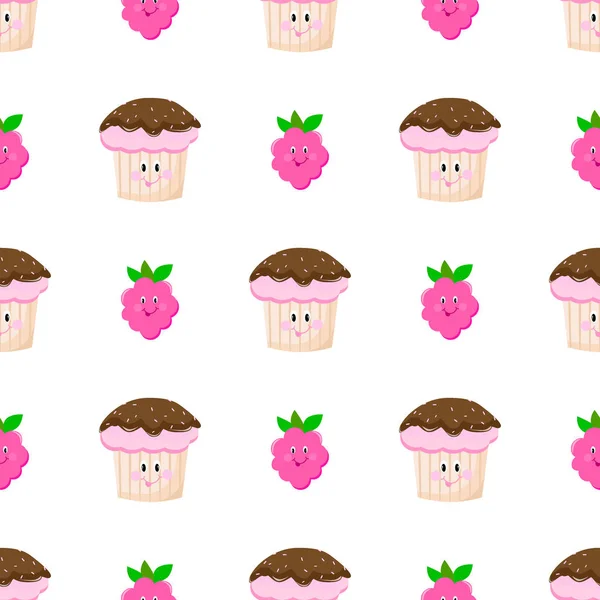 Cake raspberry cartoon seamless vector pattern