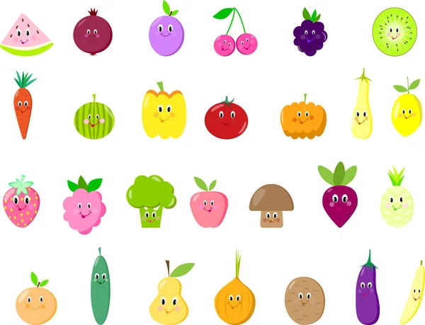 ผลไม้และผักน่ารัก เวกเตอร์เซตแยก — ภาพเวกเตอร์สต็อก