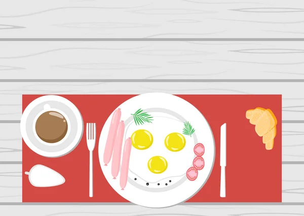 Deliciosos huevos revueltos, desayuno en una ilustración de vectores de mesa de madera — Archivo Imágenes Vectoriales