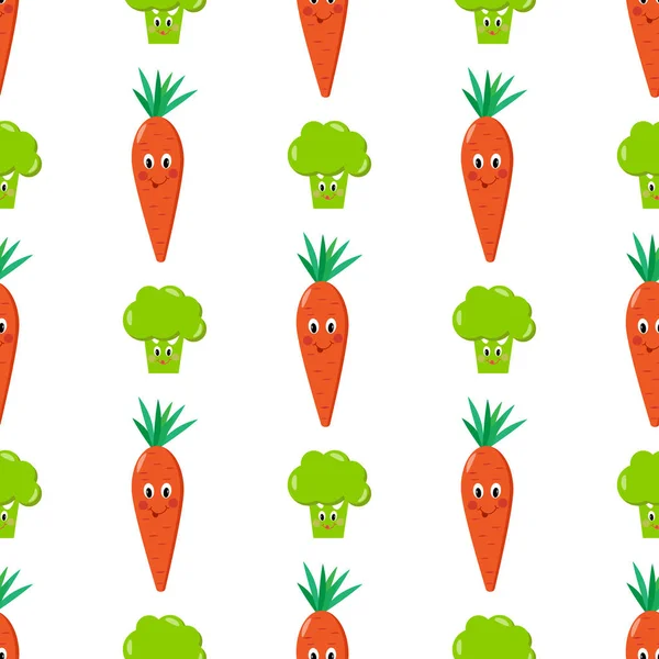 Karotten-Brokkoli-Cartoon nahtloser Mustervektor — Stockvektor
