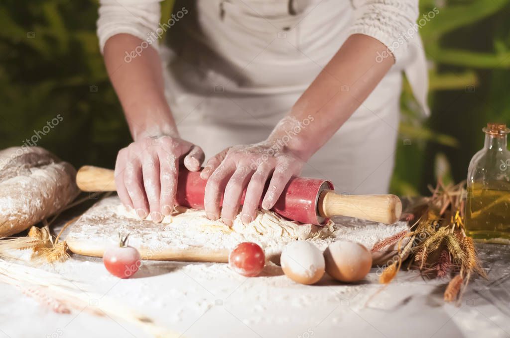   woman baker hands, kneads dough and making bread