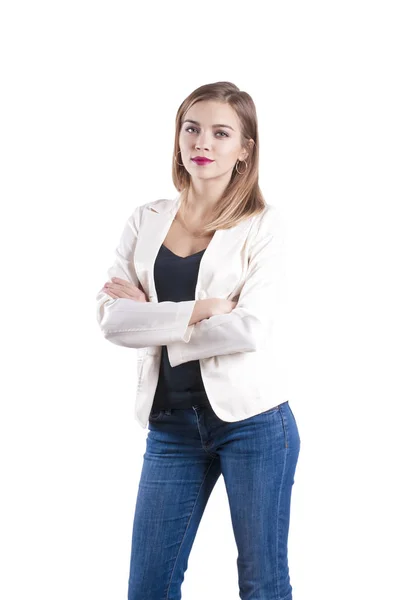 Hermosa chica luz jeans chaqueta aislado mujer de negocios —  Fotos de Stock