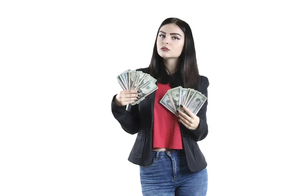 Portrait of a girl in a jacket with a bundle of money isolated — Stock Photo, Image
