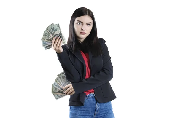 Portrait of a girl in a jacket with a bundle of money isolated — Stock Photo, Image