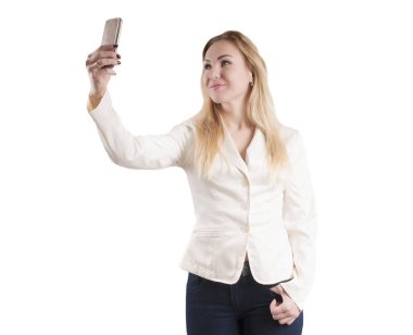 selfie izole Smartphone'da yapma kadın