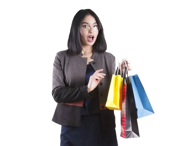 Bella Ragazza Con Pacchetti Shopping Sorpresa Isolato — Foto Stock