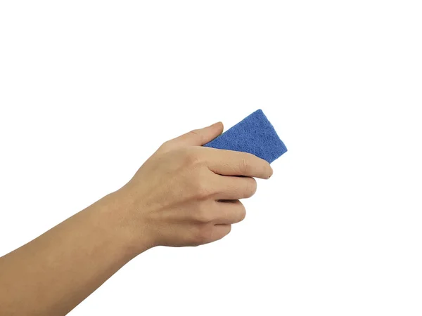 Mão Feminina Segurando Uma Esponja Limpeza Isolada Fundo Branco — Fotografia de Stock