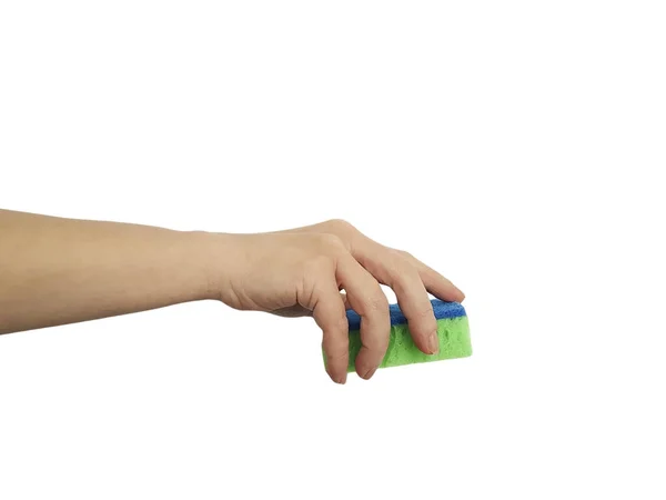 Mão Feminina Segurando Uma Esponja Limpeza Isolada Fundo Branco — Fotografia de Stock
