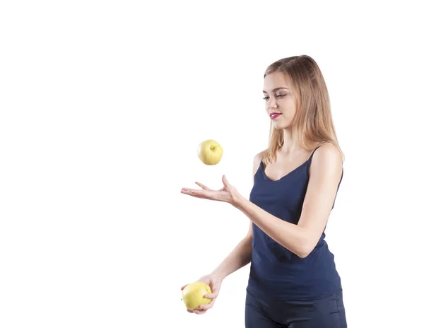 Sports Girl Green Apple Isolated — Stock Photo, Image