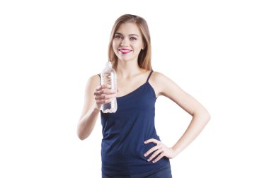 bir şişe su izole sportif kızla