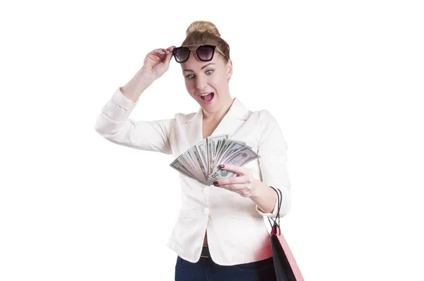 Mulher Com Dólares Sacos Compras Surpresa Isolada — Fotografia de Stock