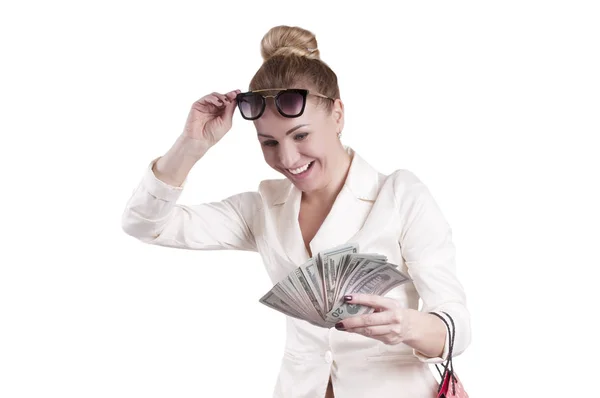 Woman Dollars Shopping Bags Surprise Isolated — Stock Photo, Image