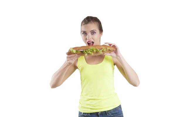 Chica Deportiva Con Sándwich Retrato Aislado — Foto de Stock