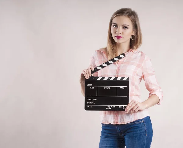 Girl Holding Clapperboard Creating — Stock Photo, Image