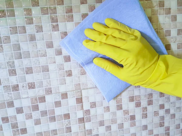 Female Hand Yellow Gloves Washes Tile — Stock Photo, Image