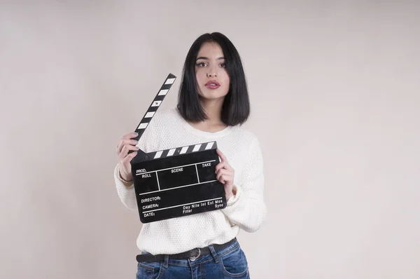 Beautiful Serious Girl Clapper Board — Stock Photo, Image