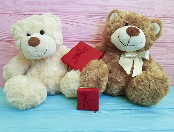 Cute Two Teddy Bear Toy Red Box Pink Blue Wooden — Stock Photo, Image