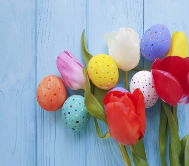 Lale Paskalya yumurtaları mavi ahşap