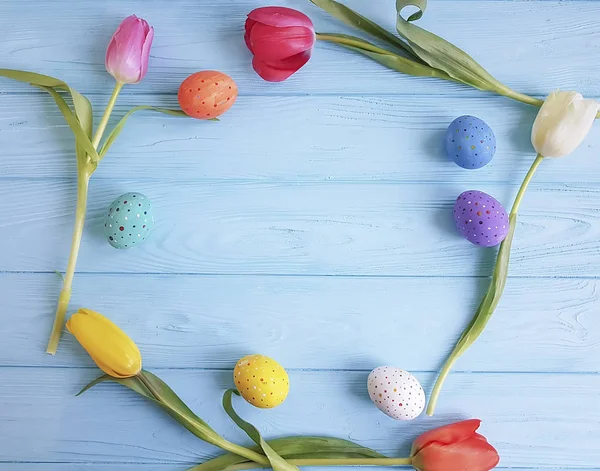 Tulips Easter Eggs Blue Wooden — Stock Photo, Image