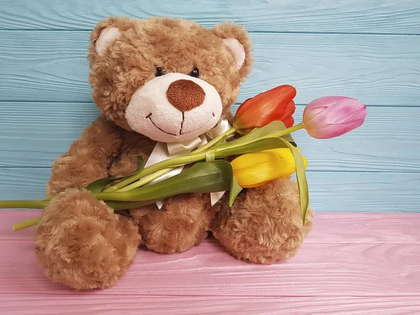 toy teddy bear, tulip, wooden