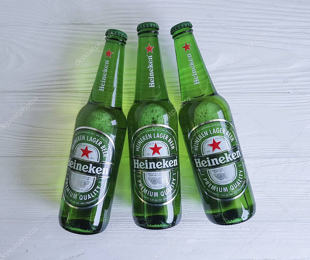 February 11, 2017 Ukraine Kiev Heineken Lager Beer on  wooden
