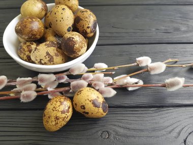 Bıldırcın yumurta, siyah ahşap söğüt