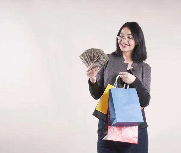 Beautiful Young Businesswoman Brunette Glasses Packages Shopping Studio Dollars — Stock Photo, Image