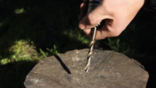 Handen Met Een Boor Natuur — Stockvideo