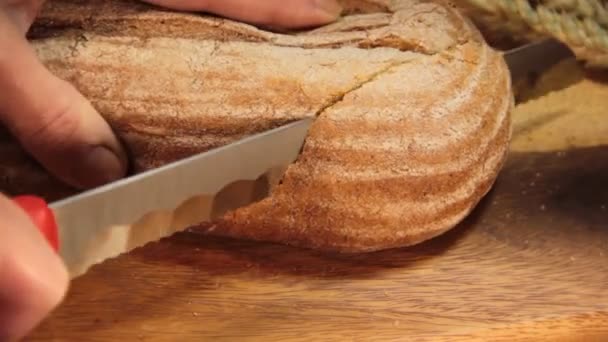 Female Hands Cut Bread Wooden — Stock Video