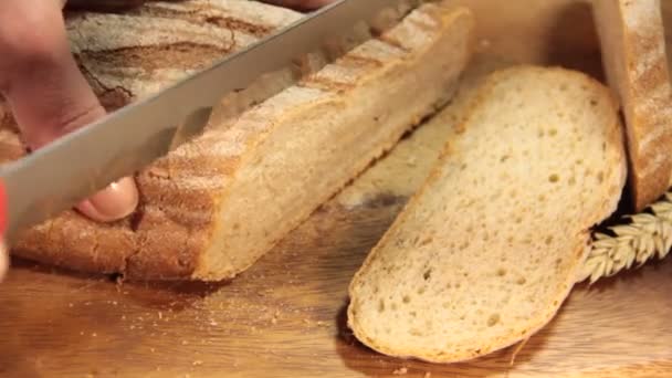 Hand Cuts Bread Wooden — Stock Video