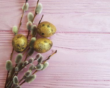 Bıldırcın yumurta Paskalya pembe ahşap arka plan üzerinde bir söğüt dalı