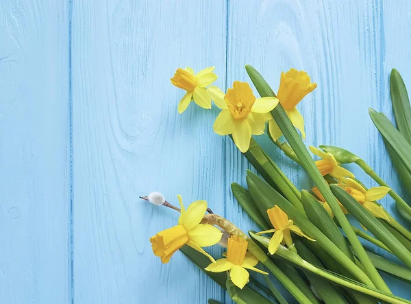 Narzissen Auf Blauem Holzgrund — Stockfoto