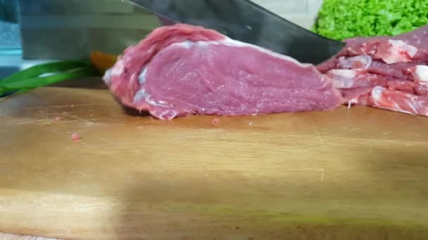 Men Hands Cut Raw Meat Kitchen — Stock Video