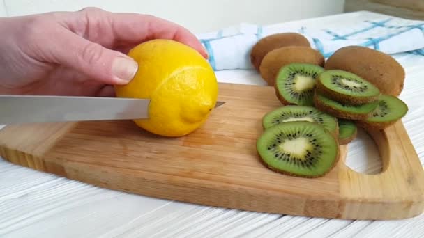 Hands Cut Knife Lemon Wooden — Stock Video