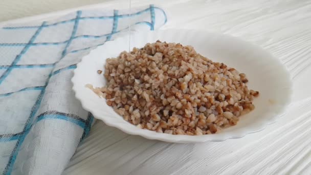 Buckwheat Porridge Table Oil Poured — Stock Video