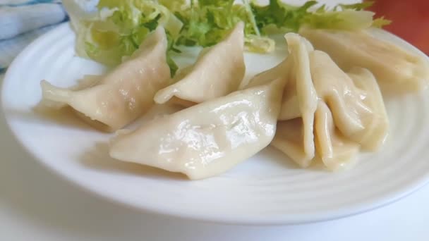 Dumplings Plaat Val Slow Motion Video Schieten — Stockvideo