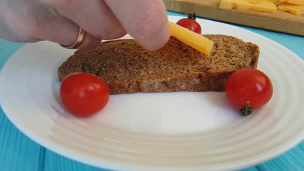 Sanduíche Pão Preto Queijo Suíço Mão — Vídeo de Stock