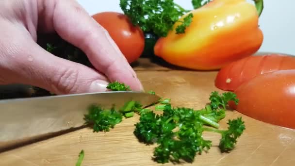 Hands Cut Parsley Wooden — Stock Video