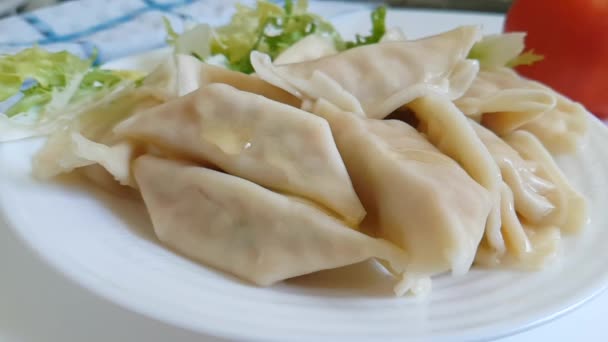 Dumplings Plate Pouring Oil — Stock Video