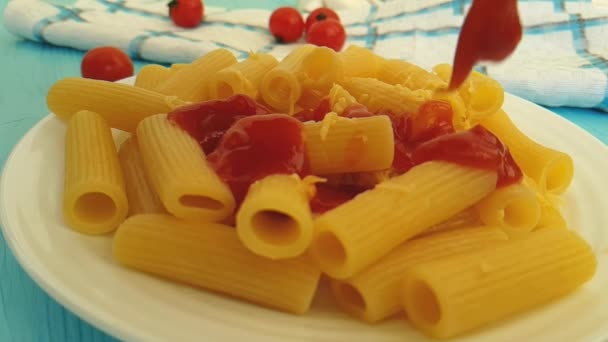 Pasta Cheese Poured Ketchup Slow Motion — Stock Video