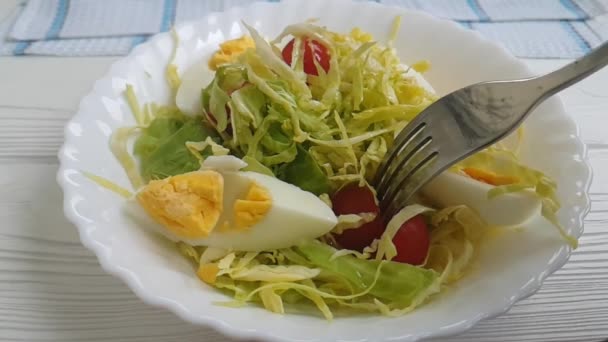 Salada Repolho Tomate Ovo Gotas Garfo — Vídeo de Stock