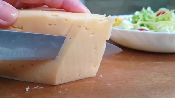 Hands Knife Cut Cheese — Stock Video